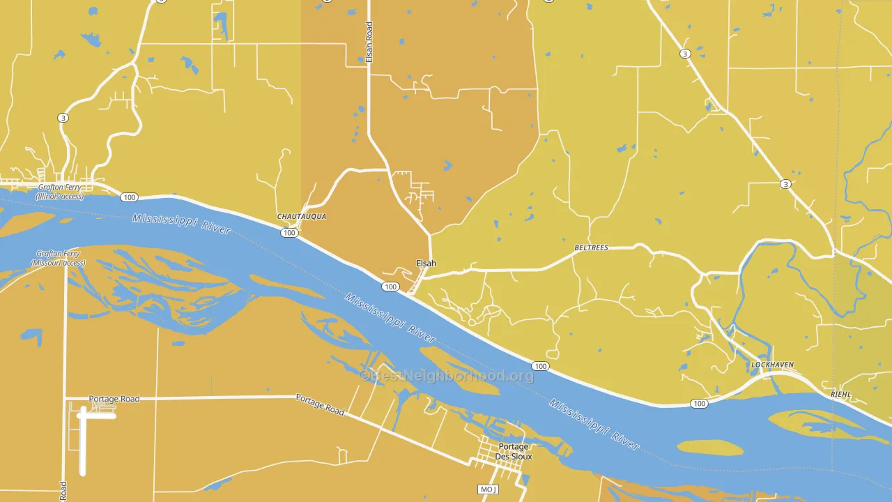 Map of the best neighborhoods in the Elsah area, with better matches in green and worse matches in red