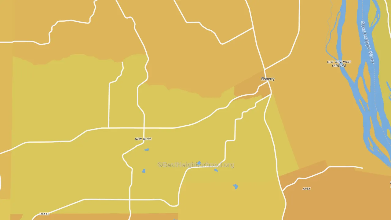 Map of the best neighborhoods in the Elsberry area, with better matches in green and worse matches in red