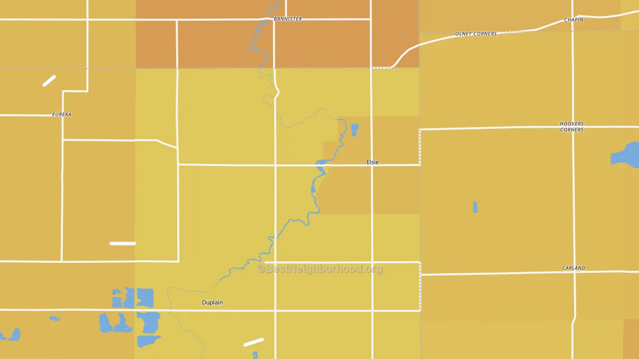 Map of the best neighborhoods in the Elsie area, with better matches in green and worse matches in red