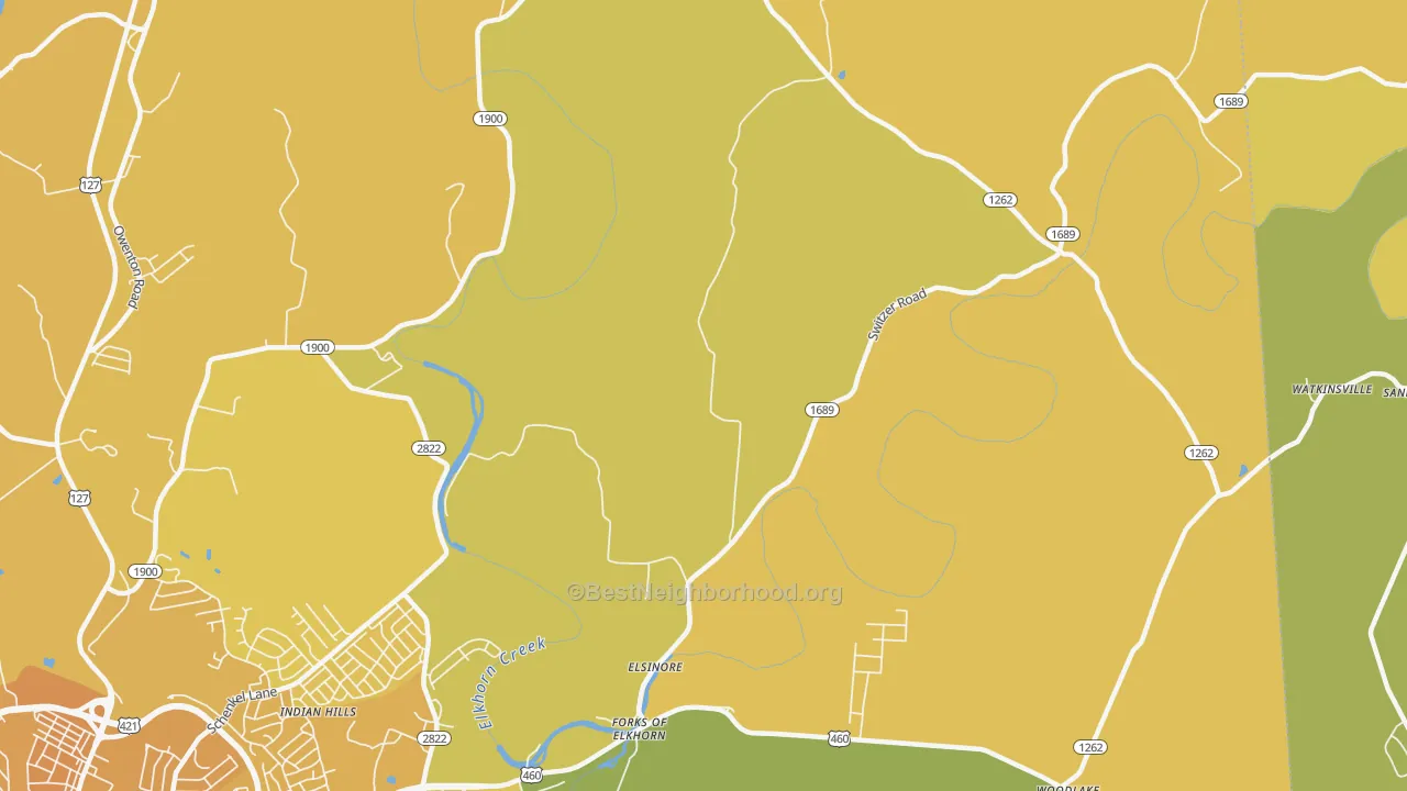 Map of the best neighborhoods in the Elsinore area, with better matches in green and worse matches in red