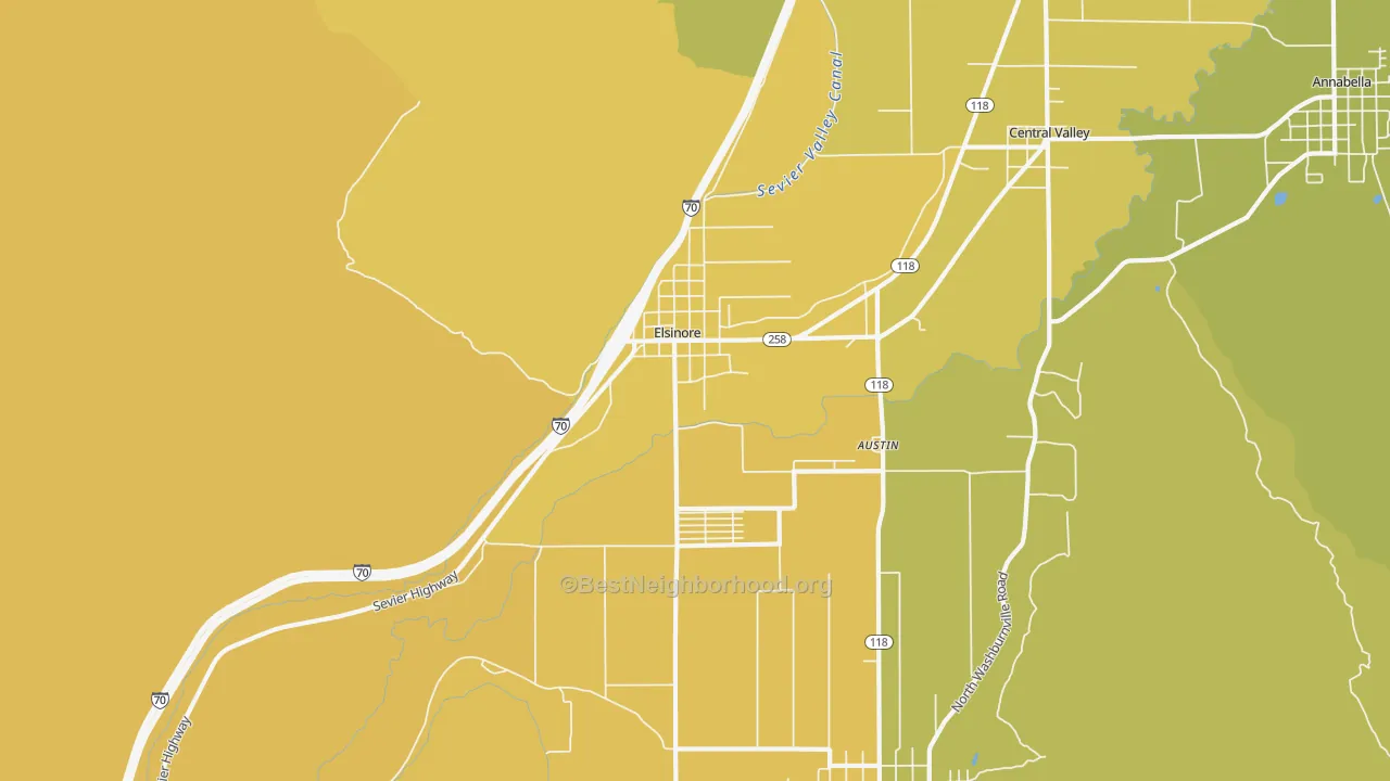 Map of the best neighborhoods in the Elsinore area, with better matches in green and worse matches in red