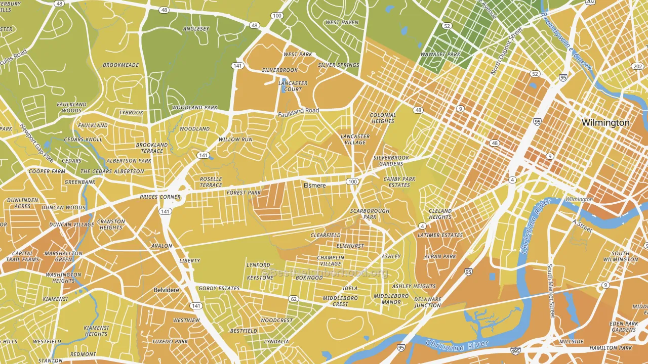 Map of the best neighborhoods in the Elsmere area, with better matches in green and worse matches in red