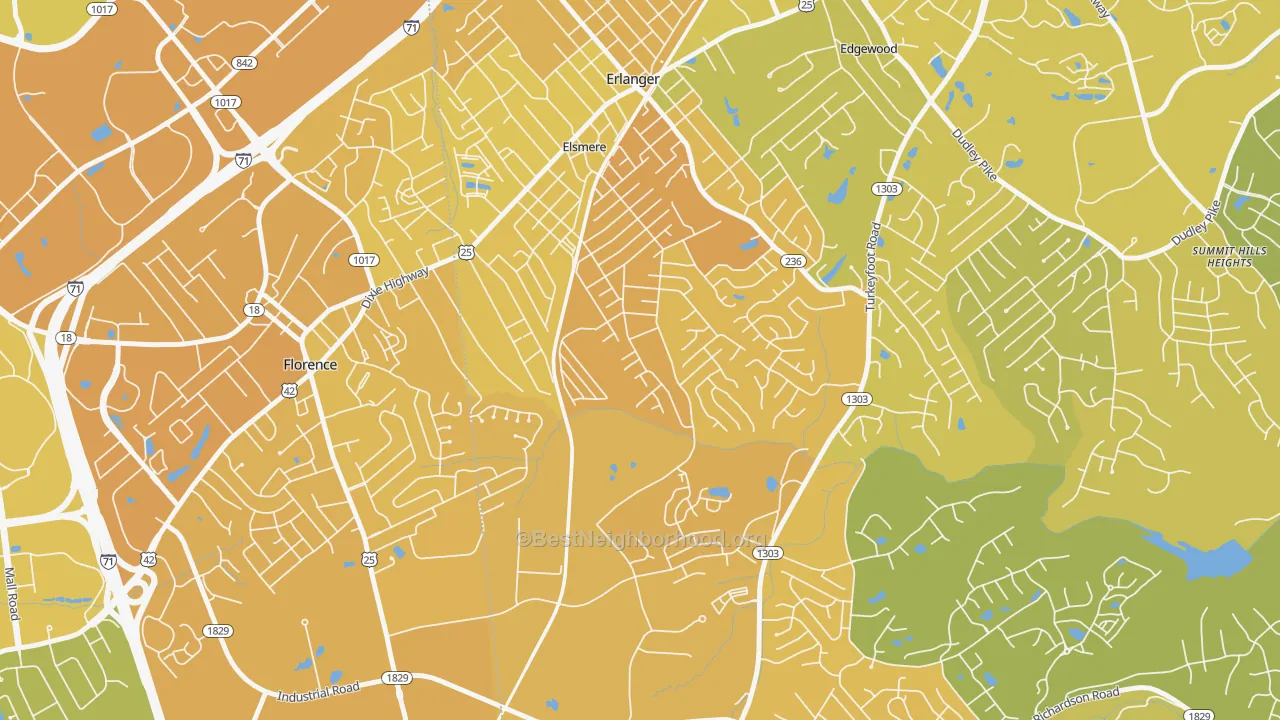 Map of the best neighborhoods in the Elsmere area, with better matches in green and worse matches in red