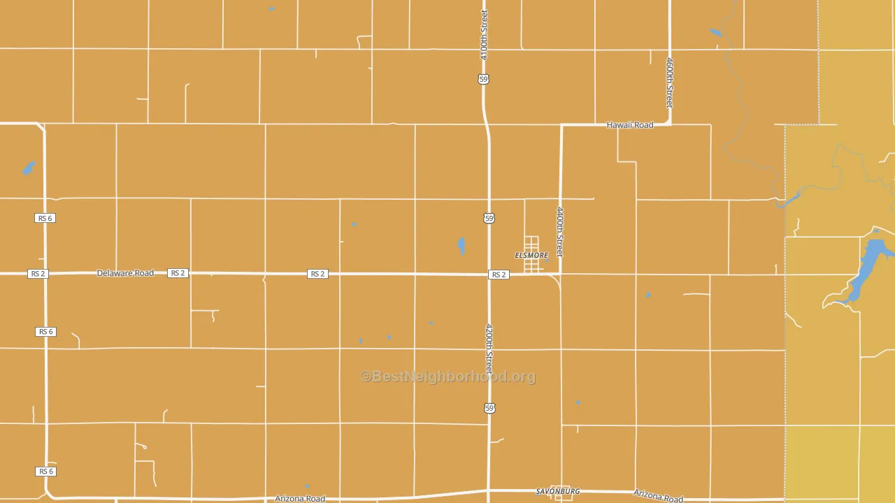 Map of the best neighborhoods in the Elsmore area, with better matches in green and worse matches in red