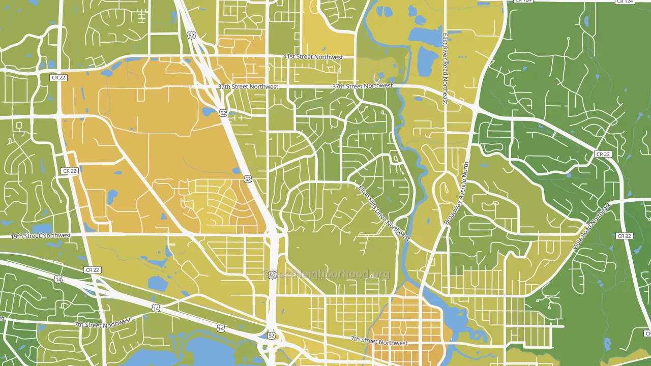 Map of the best neighborhoods in the Elton Hills, Rochester area, with better matches in green and worse matches in red