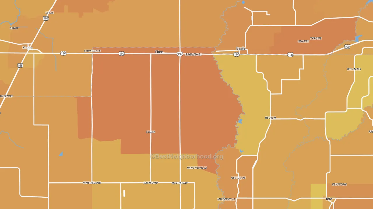 Map of the best neighborhoods in the Elton area, with better matches in green and worse matches in red