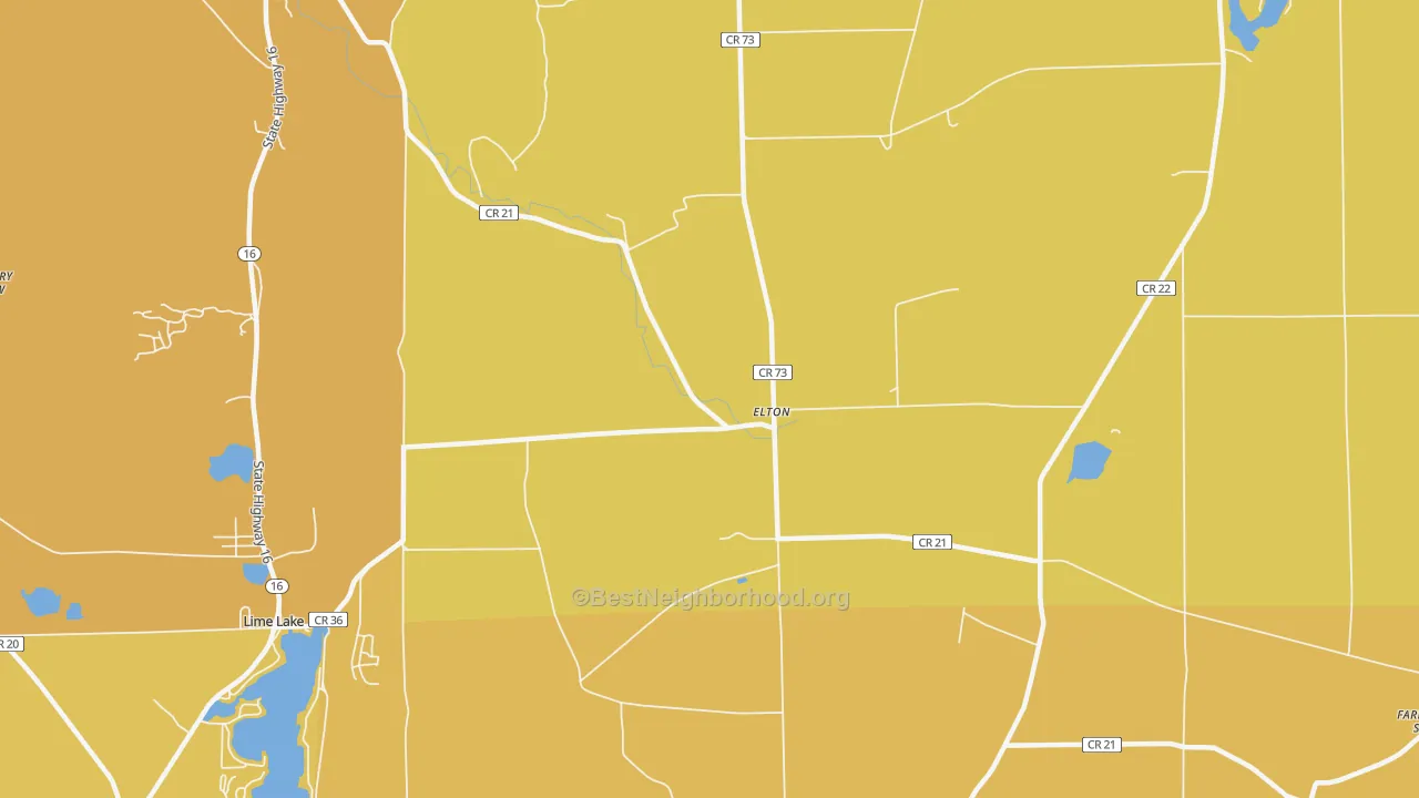 Map of the best neighborhoods in the Elton area, with better matches in green and worse matches in red