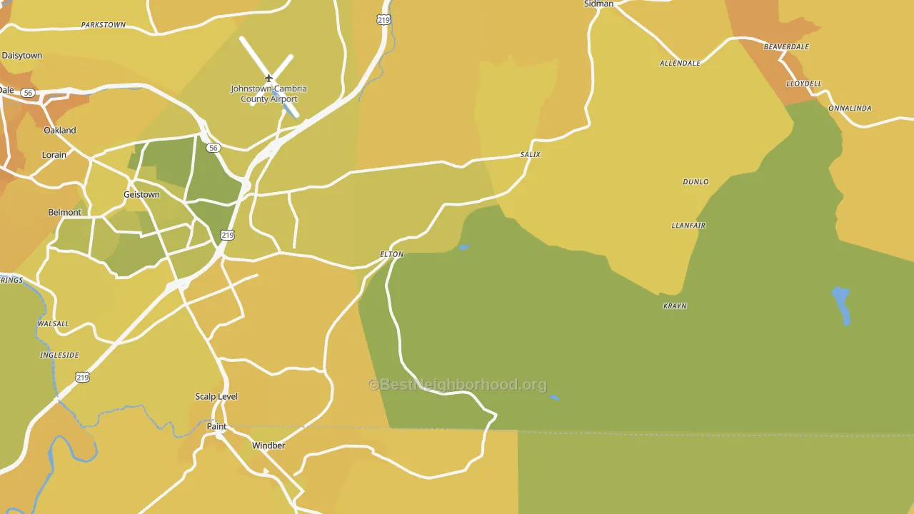 Map of the best neighborhoods in the Elton area, with better matches in green and worse matches in red