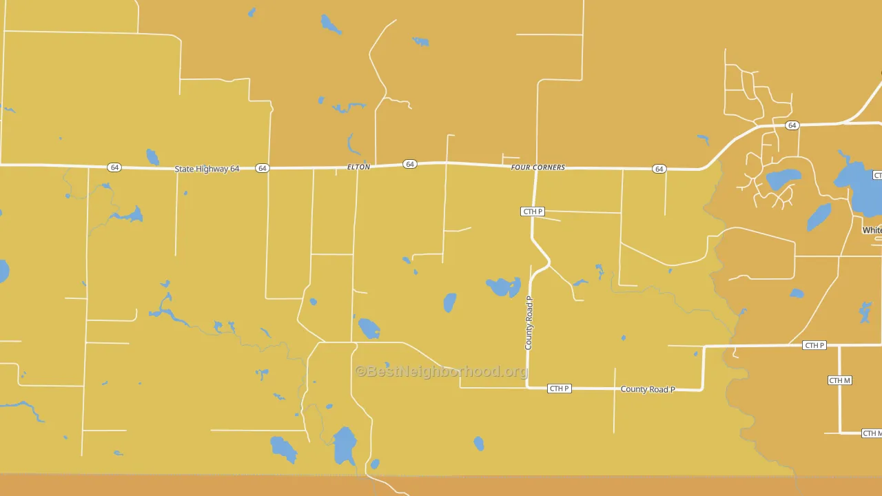 Map of the best neighborhoods in the Elton area, with better matches in green and worse matches in red