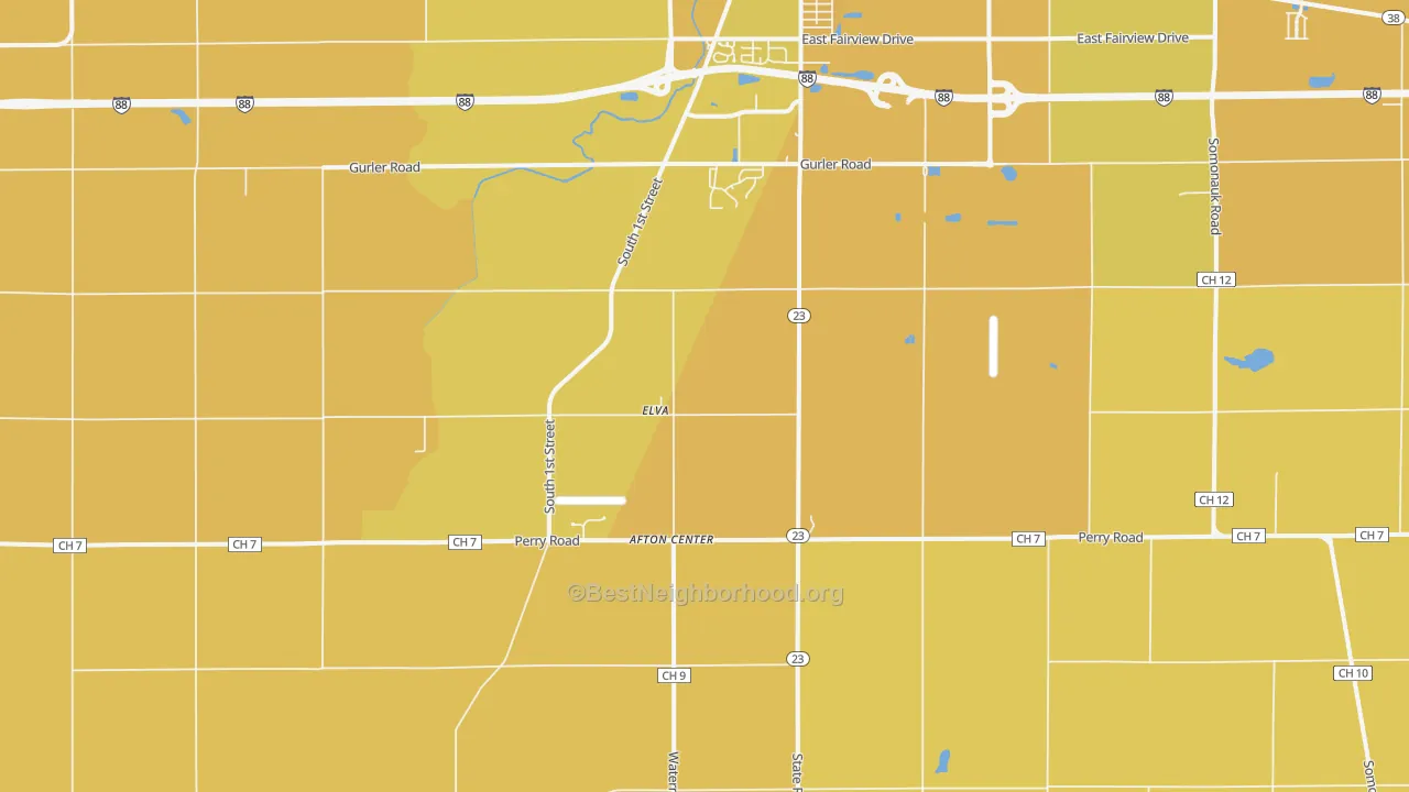 Map of the best neighborhoods in the Elva area, with better matches in green and worse matches in red