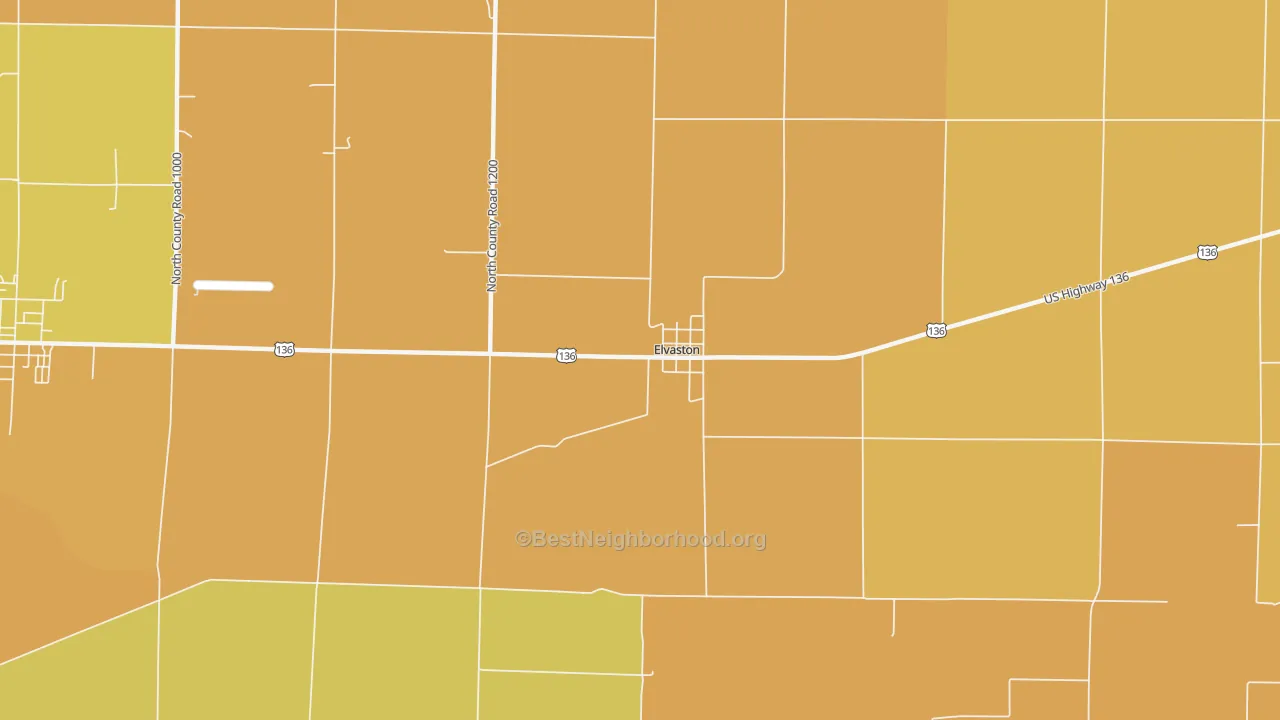 Map of the best neighborhoods in the Elvaston area, with better matches in green and worse matches in red