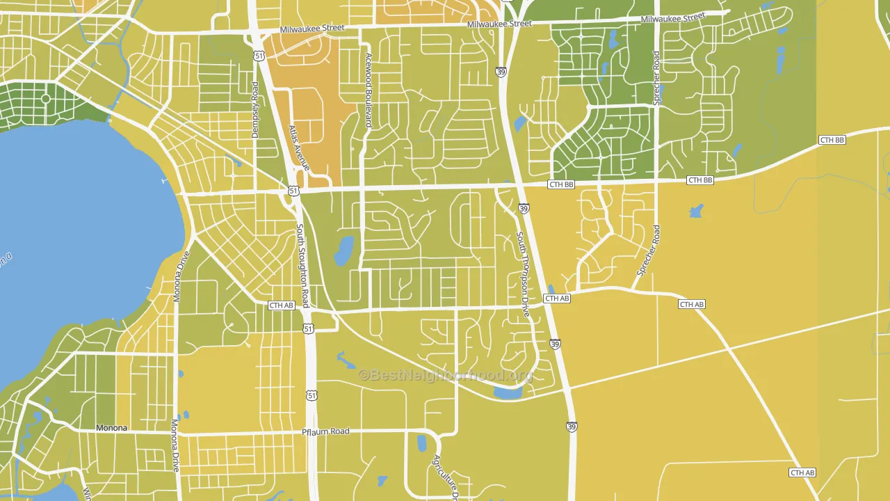 Map of the best neighborhoods in the Elvehjem, Madison area, with better matches in green and worse matches in red
