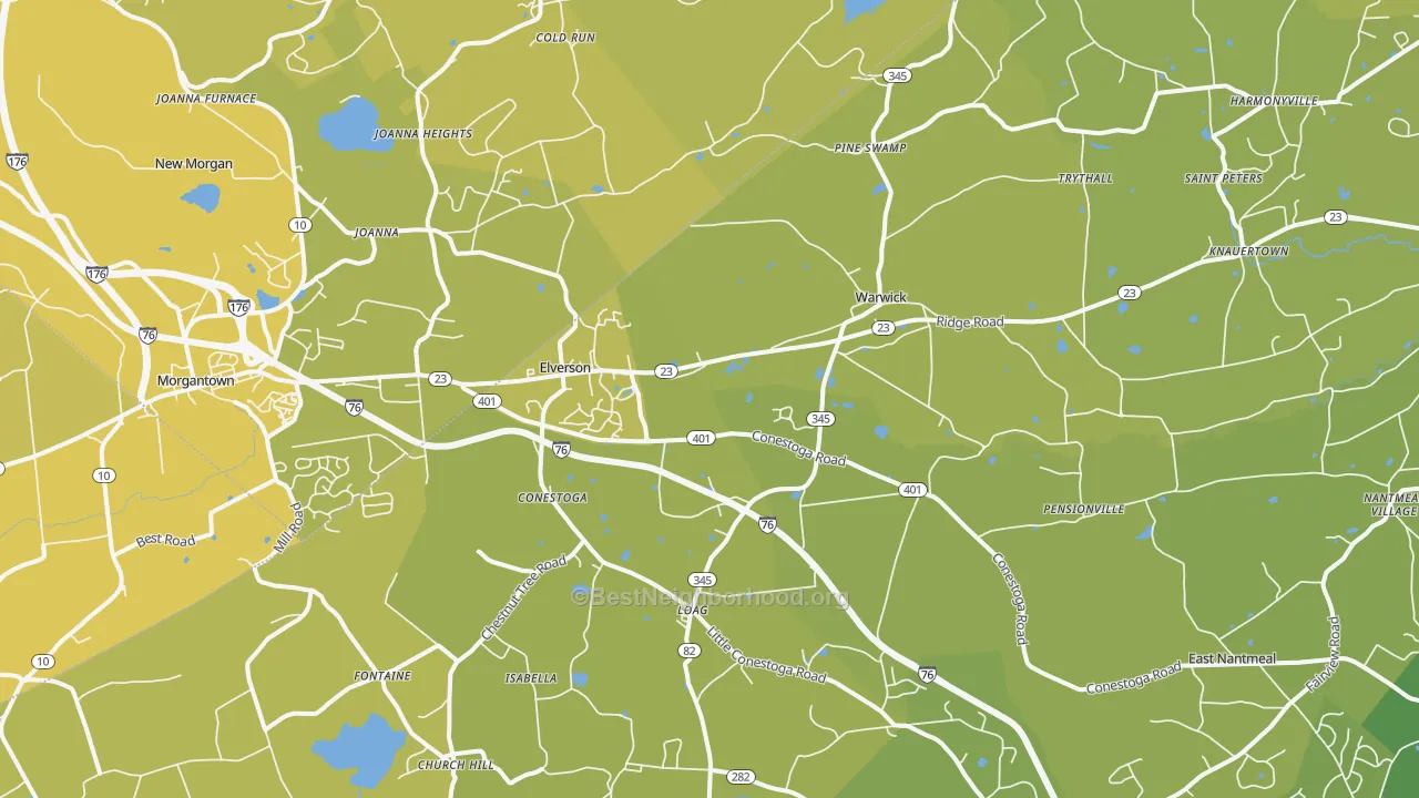 Map of the best neighborhoods in the Elverson area, with better matches in green and worse matches in red