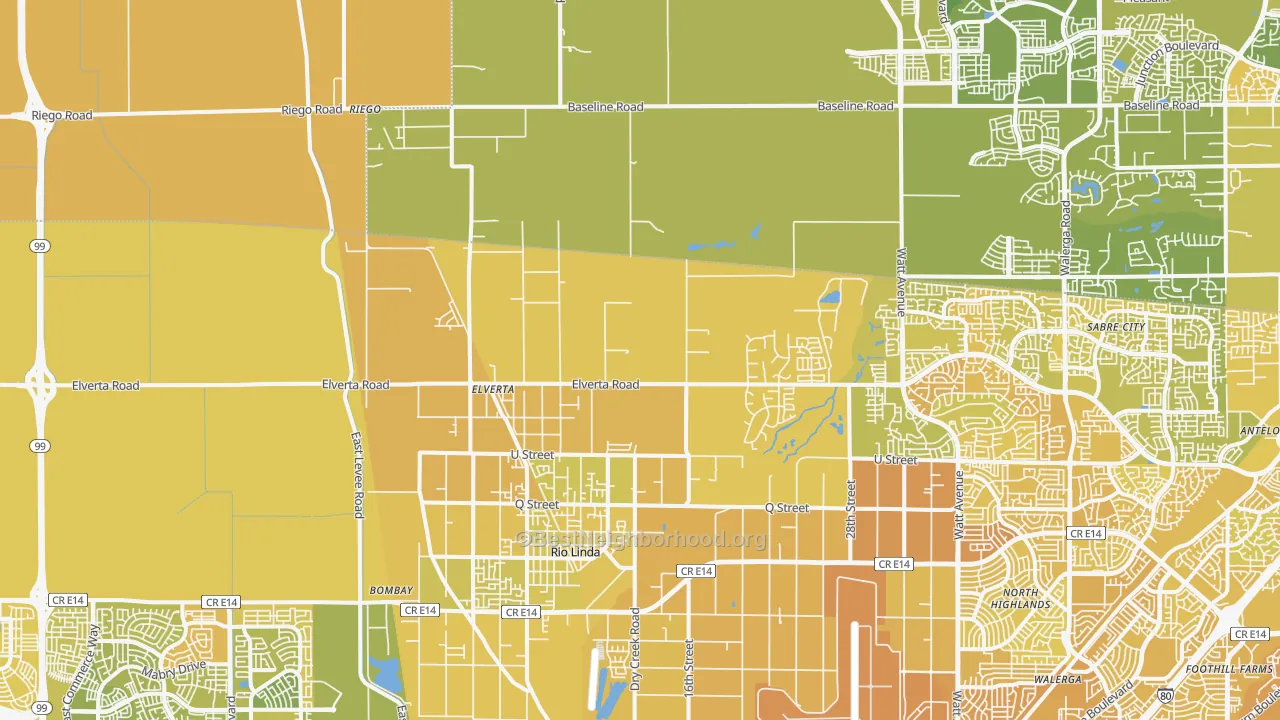 Map of the best neighborhoods in the Elverta area, with better matches in green and worse matches in red