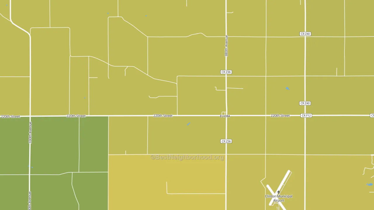Map of the best neighborhoods in the Elvira area, with better matches in green and worse matches in red