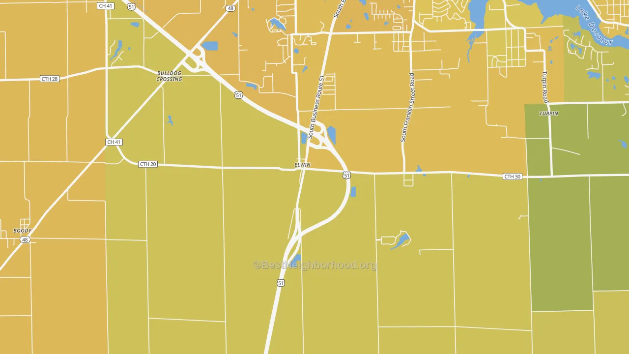 Map of the best neighborhoods in the Elwin area, with better matches in green and worse matches in red