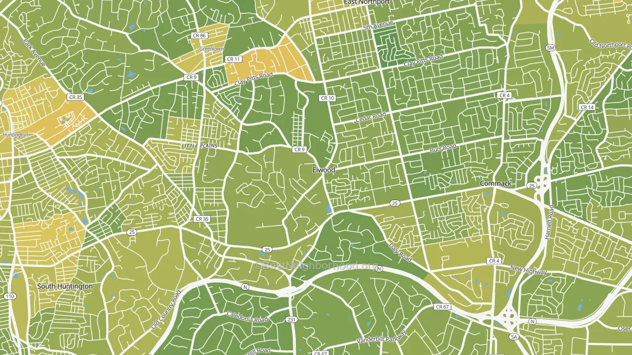 Map of the best neighborhoods in the Elwood, East Northport area, with better matches in green and worse matches in red