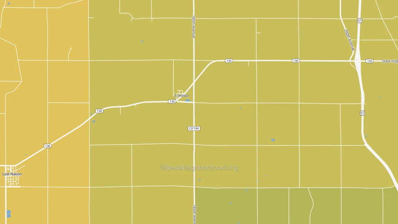 Map of the best neighborhoods in the Elwood area, with better matches in green and worse matches in red