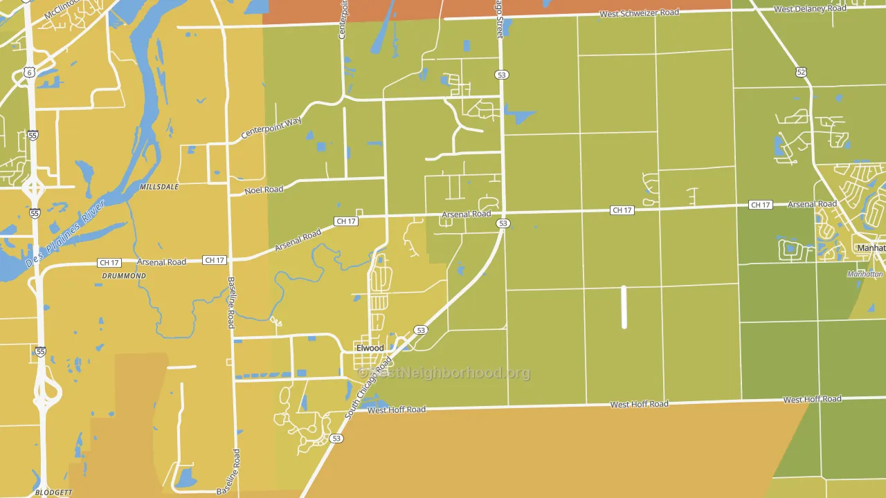 Map of the best neighborhoods in the Elwood area, with better matches in green and worse matches in red