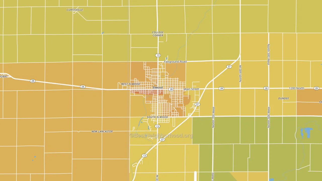 Map of the best neighborhoods in the Elwood area, with better matches in green and worse matches in red