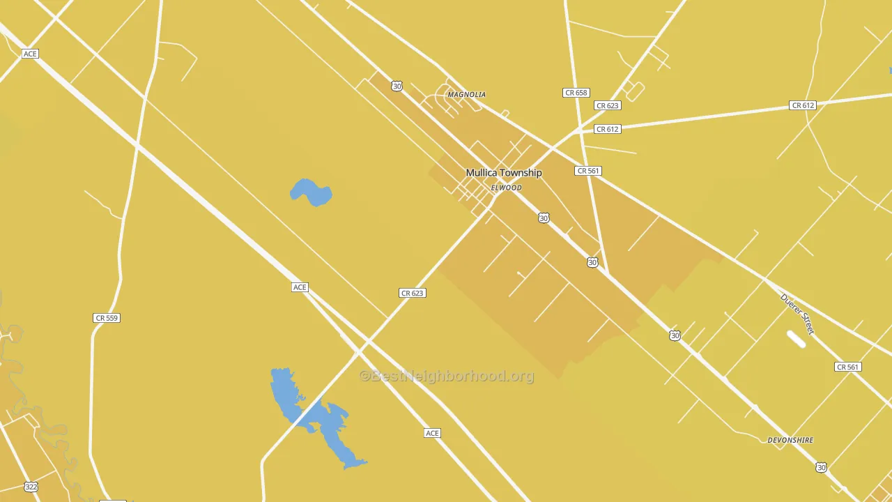 Map of the best neighborhoods in the Elwood area, with better matches in green and worse matches in red