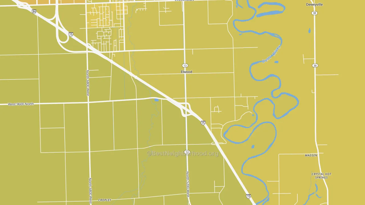 Map of the best neighborhoods in the Elwood area, with better matches in green and worse matches in red