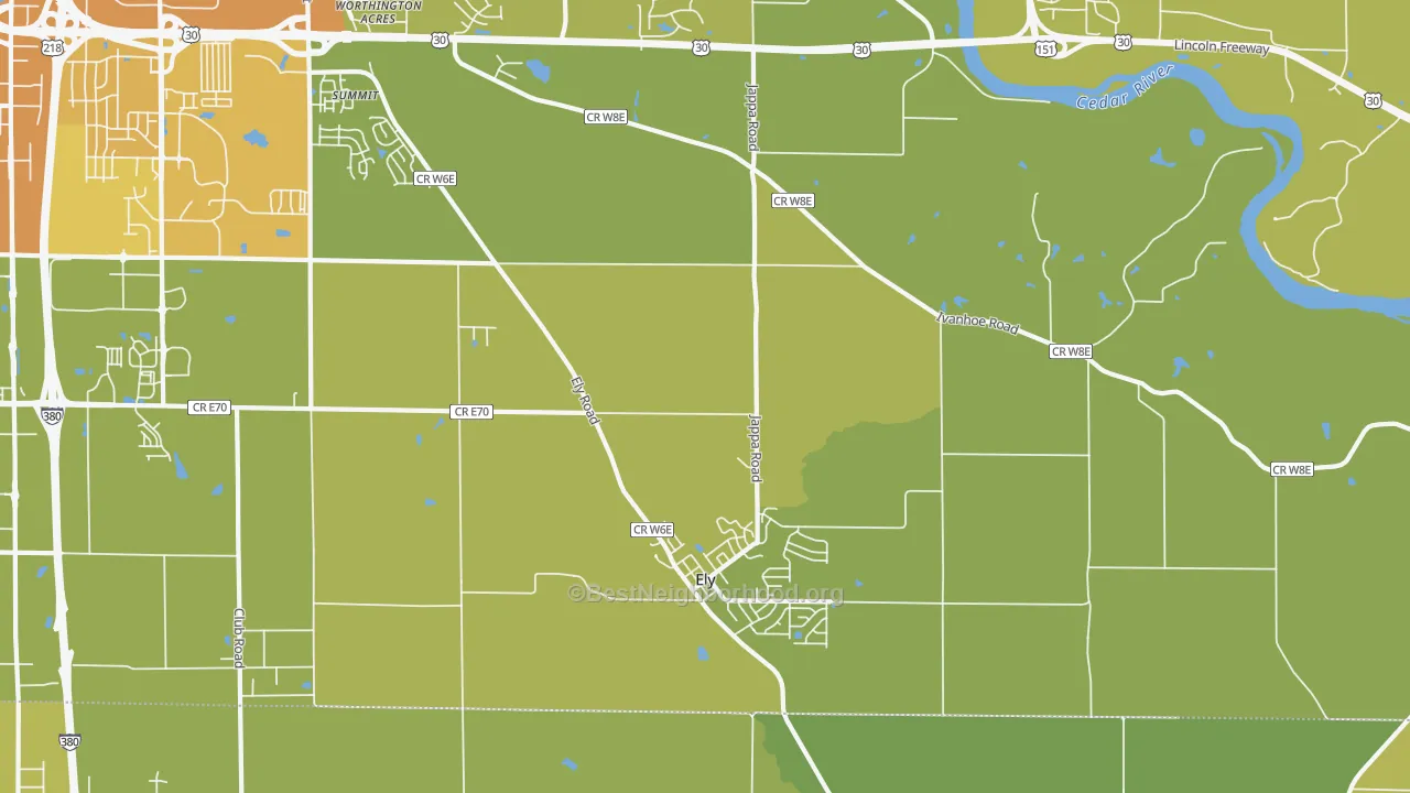 Map of the best neighborhoods in the Ely area, with better matches in green and worse matches in red