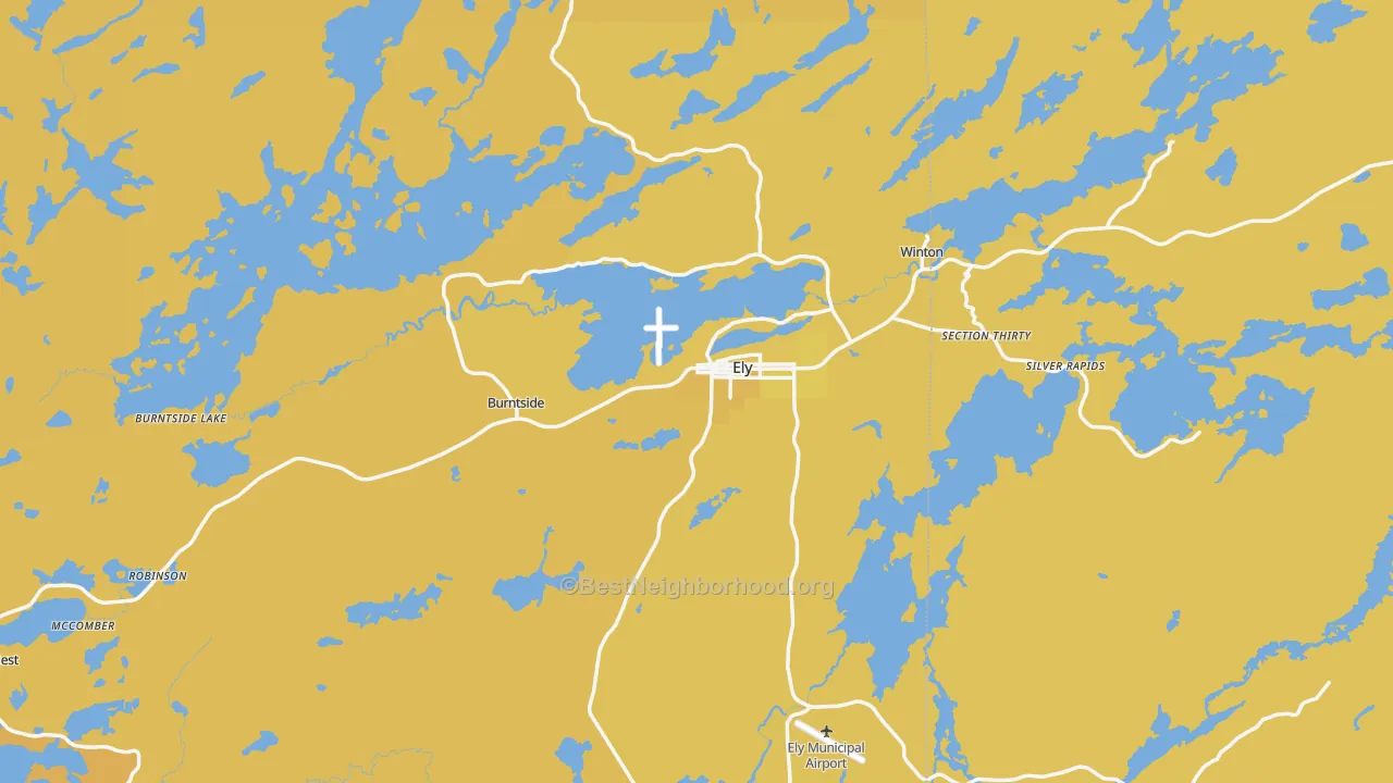 Map of the best neighborhoods in the Ely area, with better matches in green and worse matches in red
