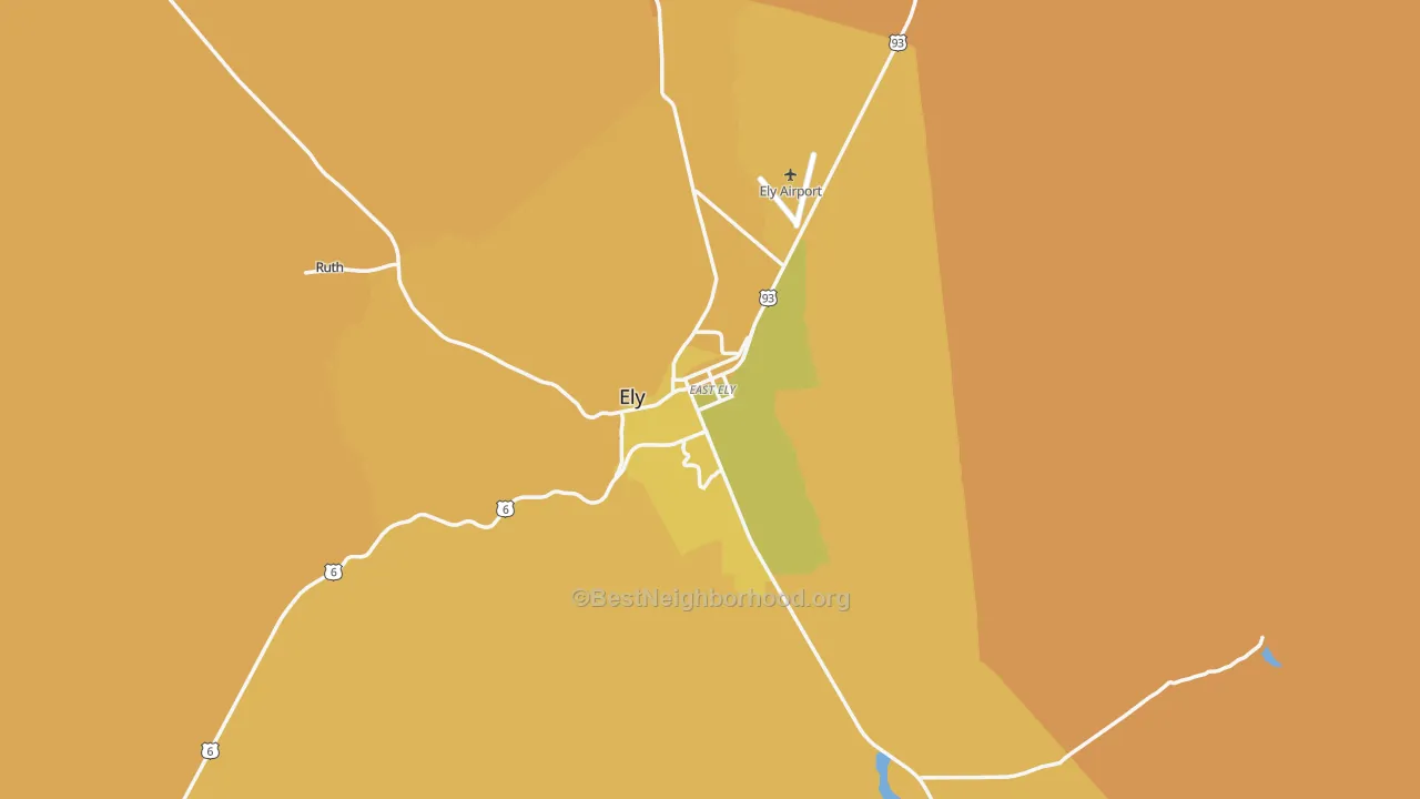 Map of the best neighborhoods in the Ely area, with better matches in green and worse matches in red