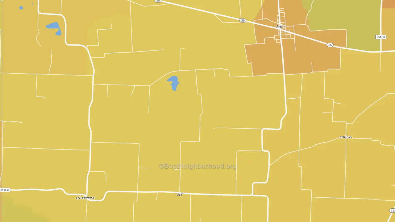 Map of the best neighborhoods in the Ely area, with better matches in green and worse matches in red