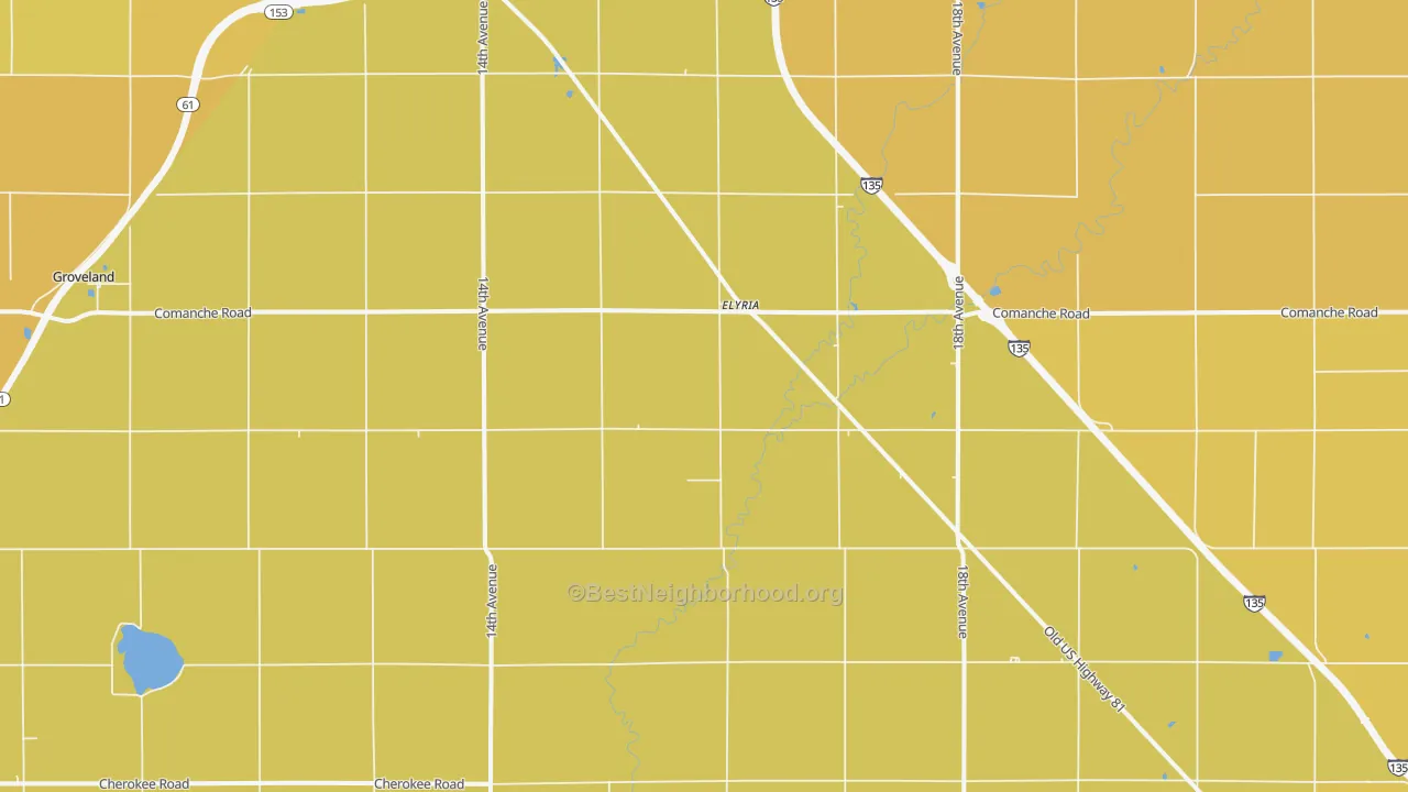 Map of the best neighborhoods in the Elyria area, with better matches in green and worse matches in red