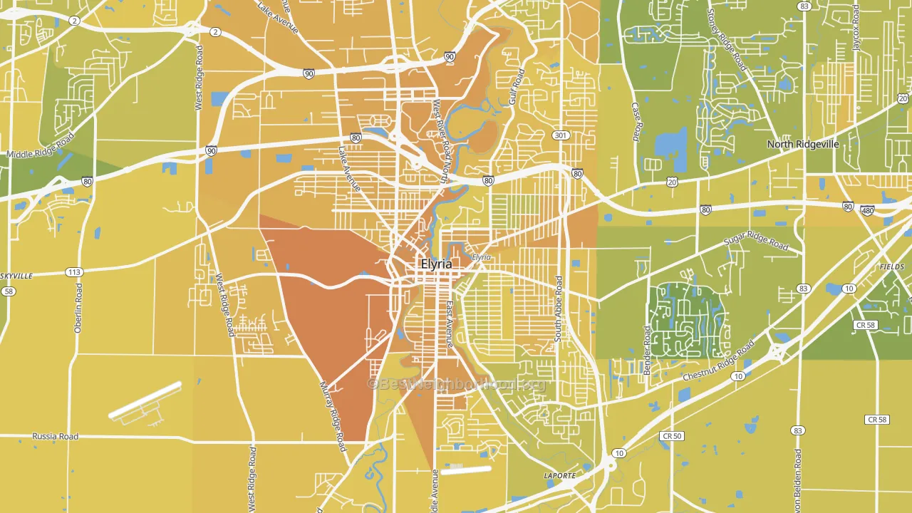 Map of the best neighborhoods in the Elyria area, with better matches in green and worse matches in red