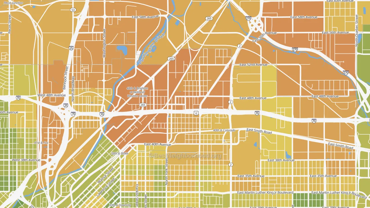Map of the best neighborhoods in the Elyria Swansea, Denver area, with better matches in green and worse matches in red