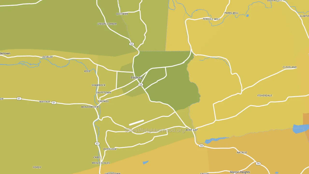 Map of the best neighborhoods in the Elysburg area, with better matches in green and worse matches in red