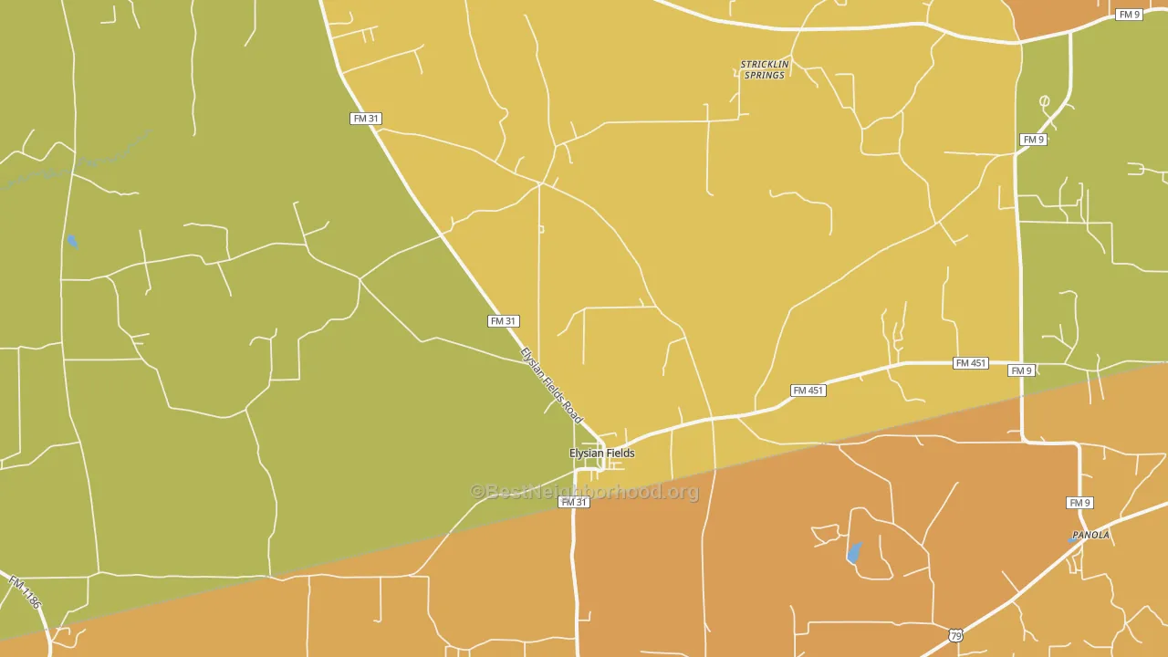Map of the best neighborhoods in the Elysian Fields area, with better matches in green and worse matches in red