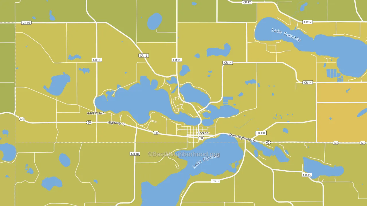 Map of the best neighborhoods in the Elysian area, with better matches in green and worse matches in red