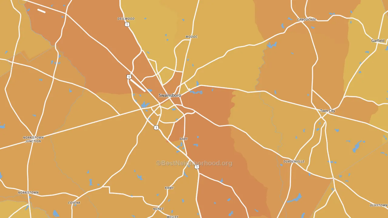 Map of the best neighborhoods in the Emanuel County area, with better matches in green and worse matches in red