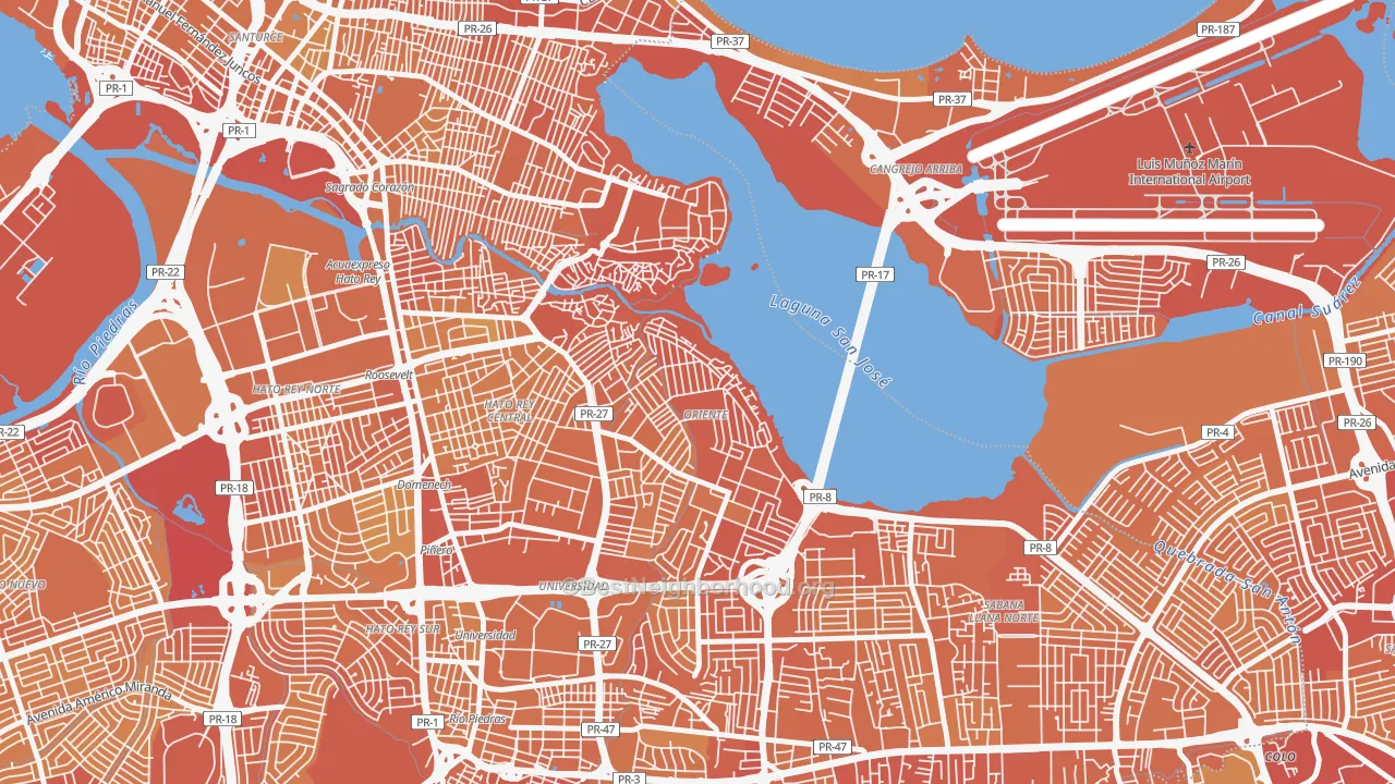 Map of the best neighborhoods in the Embalse San Jose, San Juan area, with better matches in green and worse matches in red