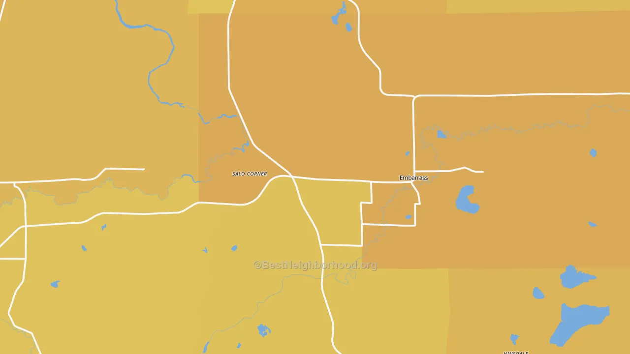 Map of the best neighborhoods in the Embarrass area, with better matches in green and worse matches in red