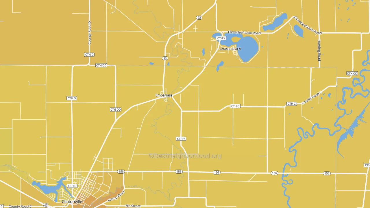 Map of the best neighborhoods in the Embarrass area, with better matches in green and worse matches in red