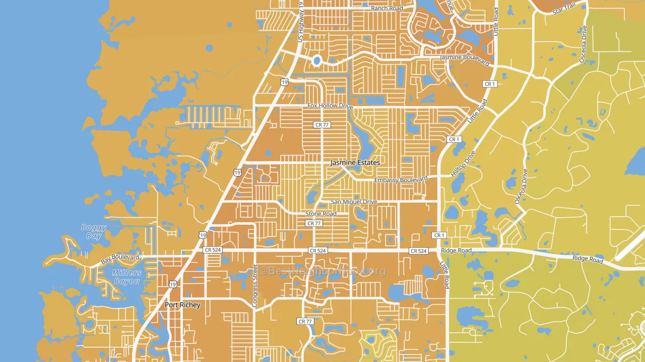 Map of the best neighborhoods in the Embassy Hills, Jasmine Estates area, with better matches in green and worse matches in red