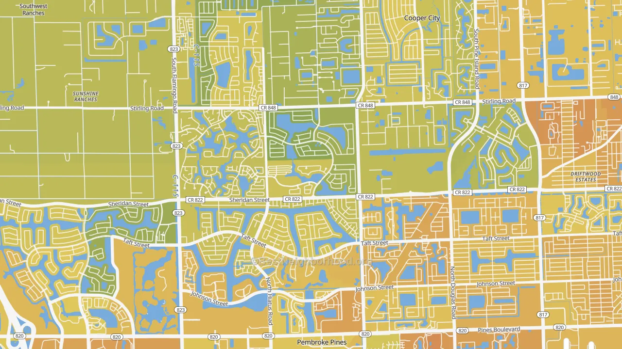 Map of the best neighborhoods in the Embassy Lakes, Cooper City area, with better matches in green and worse matches in red