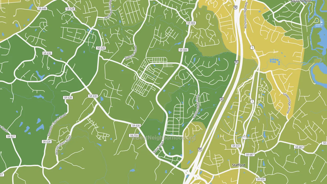 Map of the best neighborhoods in the Embrey Mill, Stafford area, with better matches in green and worse matches in red
