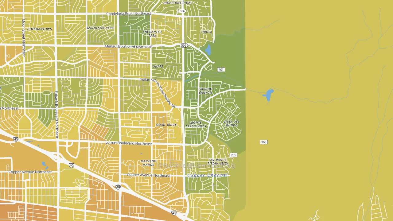 Map of the best neighborhoods in the Embudo Canyon, Albuquerque area, with better matches in green and worse matches in red