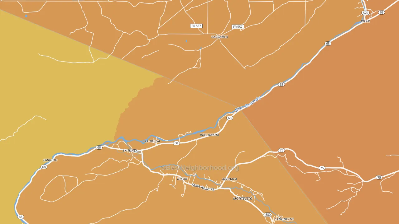 Map of the best neighborhoods in the Embudo area, with better matches in green and worse matches in red