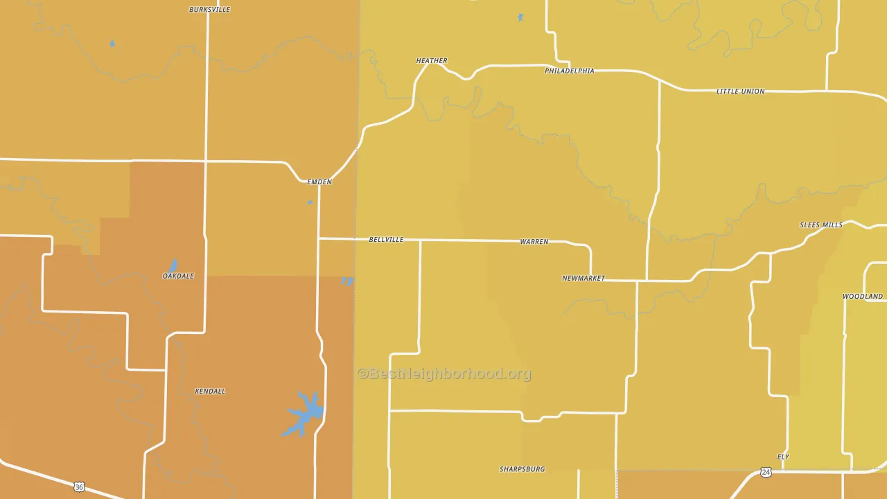 Map of the best neighborhoods in the Emden area, with better matches in green and worse matches in red
