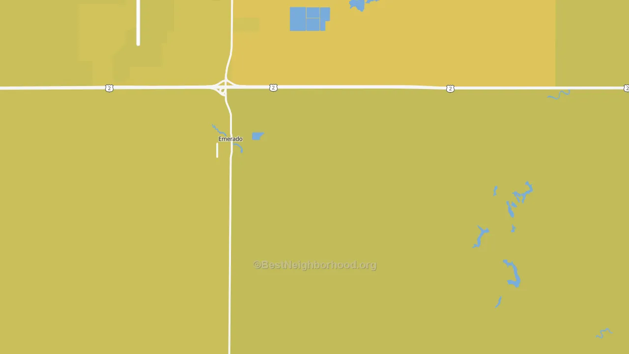 Map of the best neighborhoods in the Emerado area, with better matches in green and worse matches in red