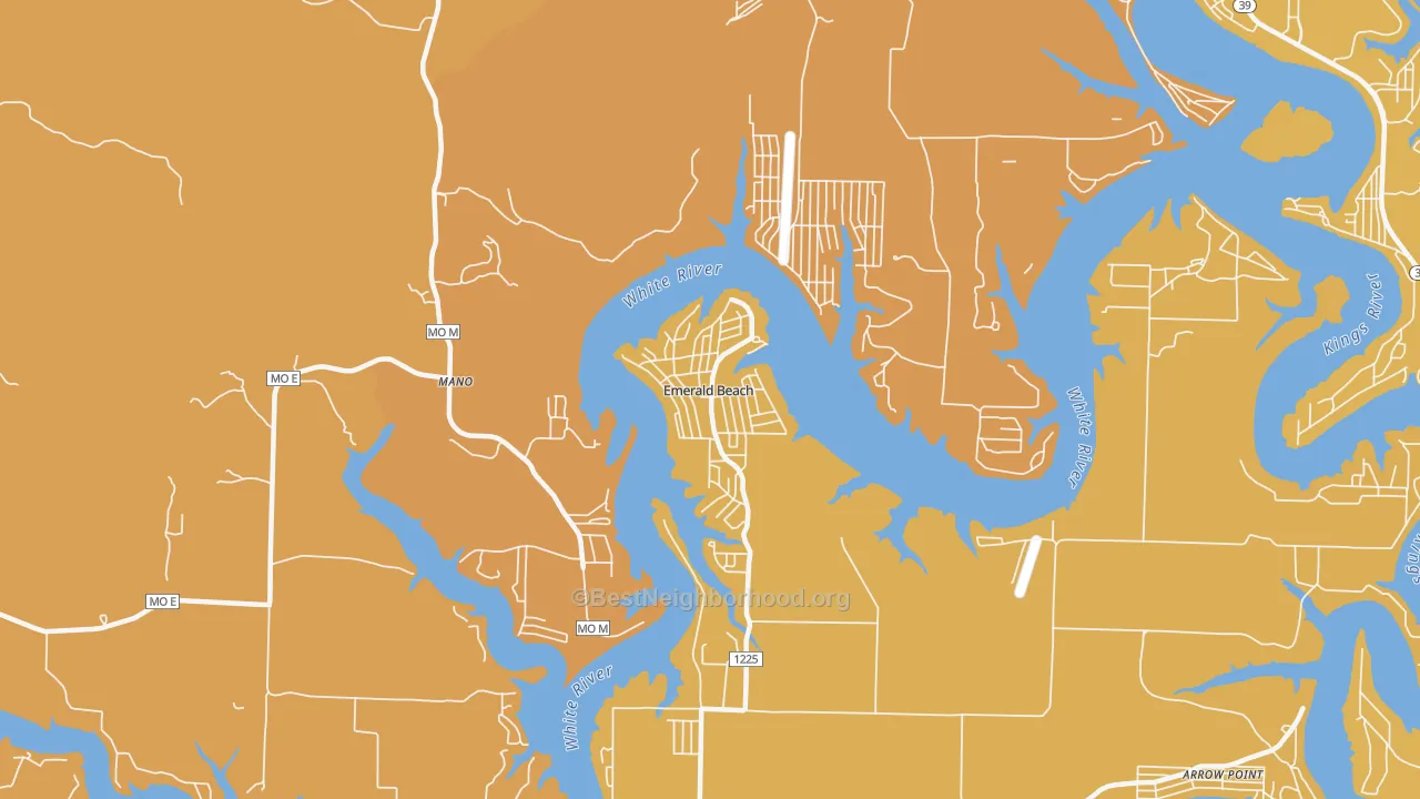 Map of the best neighborhoods in the Emerald Beach area, with better matches in green and worse matches in red