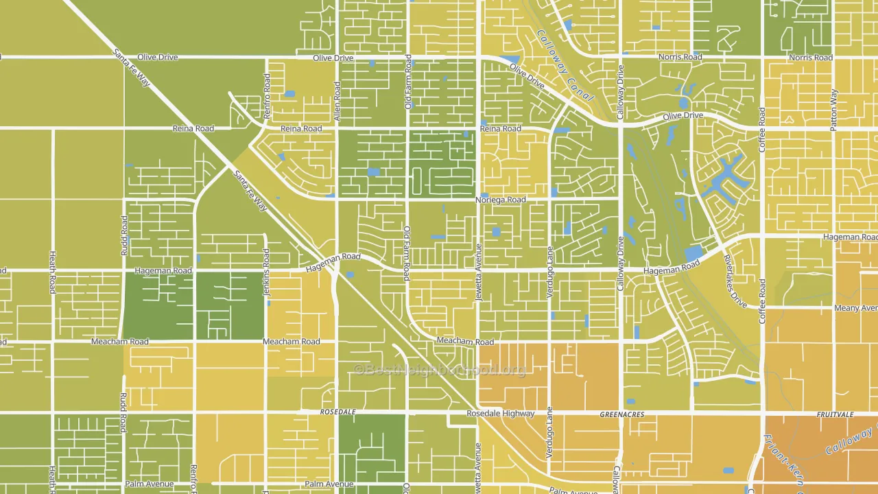 Map of the best neighborhoods in the Emerald Estates, Bakersfield area, with better matches in green and worse matches in red