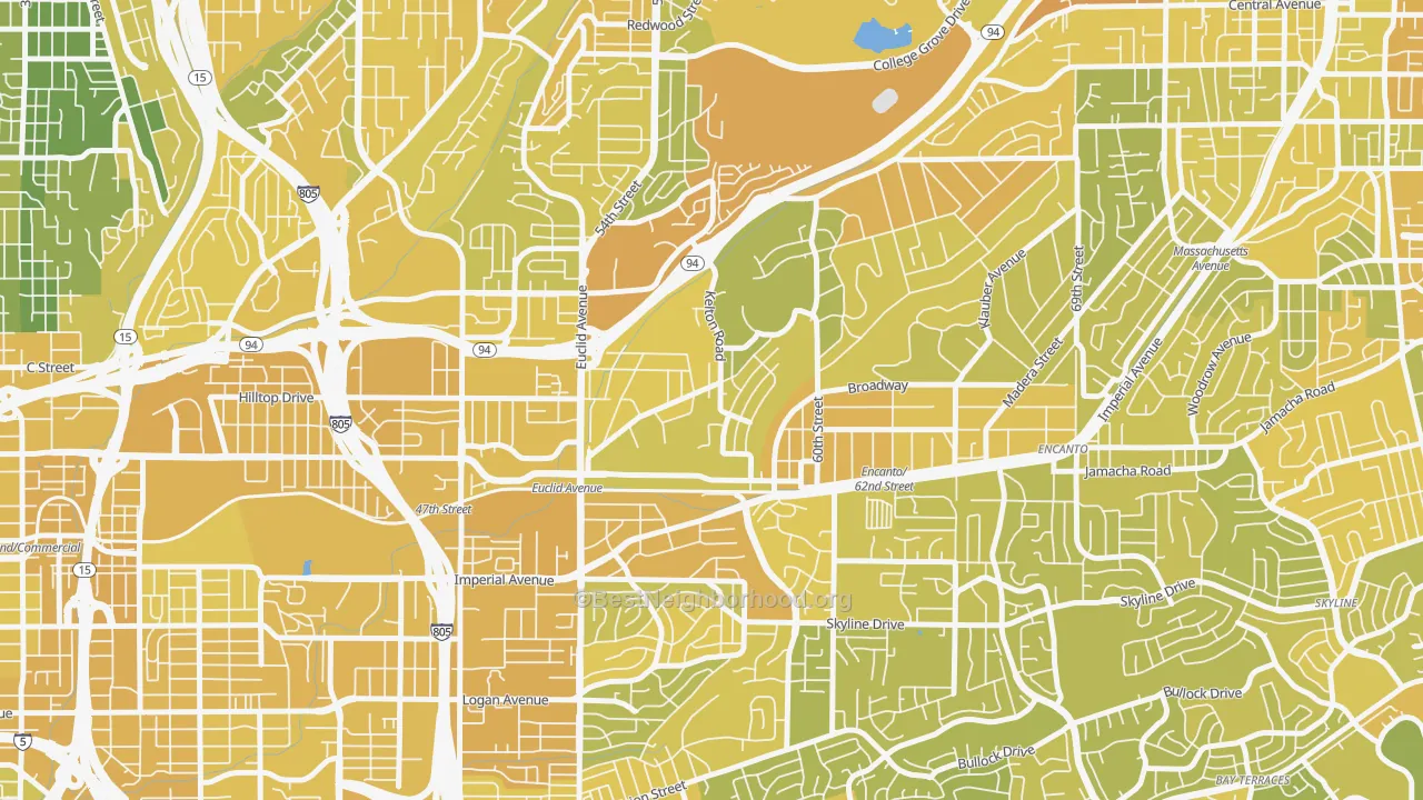 Map of the best neighborhoods in the Emerald Hills, San Diego area, with better matches in green and worse matches in red
